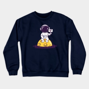 Cute Astronaut Sitting On Moon With Rocket Sign Cartoon Crewneck Sweatshirt